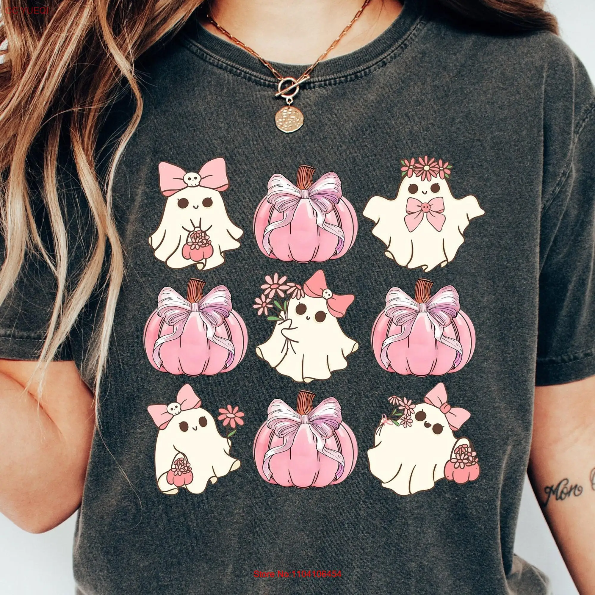 Retro Halloween T Shirt Coquette Hallowen Pumpkin Pink Bow GhosT long or short sleeves