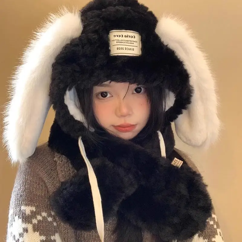 Cutecore Long Ear Hat Scarf One-piece Women's Winter Korean Stylish Plush Trendy 2000s Harajuku Goth Black White Warmer Cap Yk2