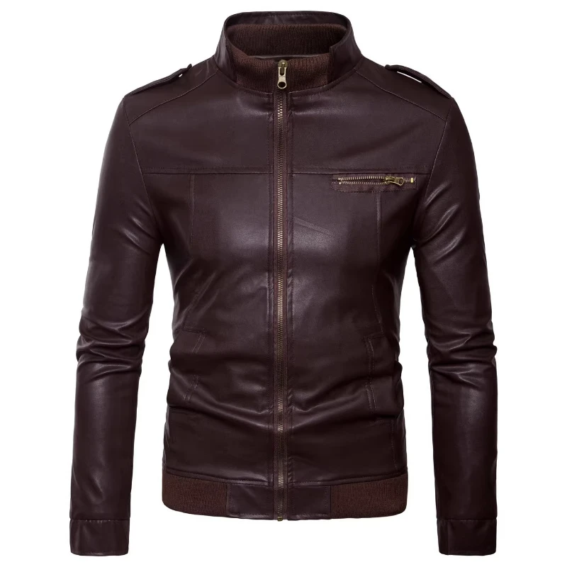 Nova jaqueta de couro masculina jaqueta de motocicleta, gola alta moderna, jaqueta de couro masculina elegante e emagrecedora