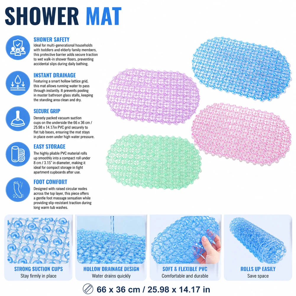 PVC-Antirutschmatte für Badezimmer mit Saugnäpfen, Badewannenmatte, Badezimmerteppich, Massage-Badematte