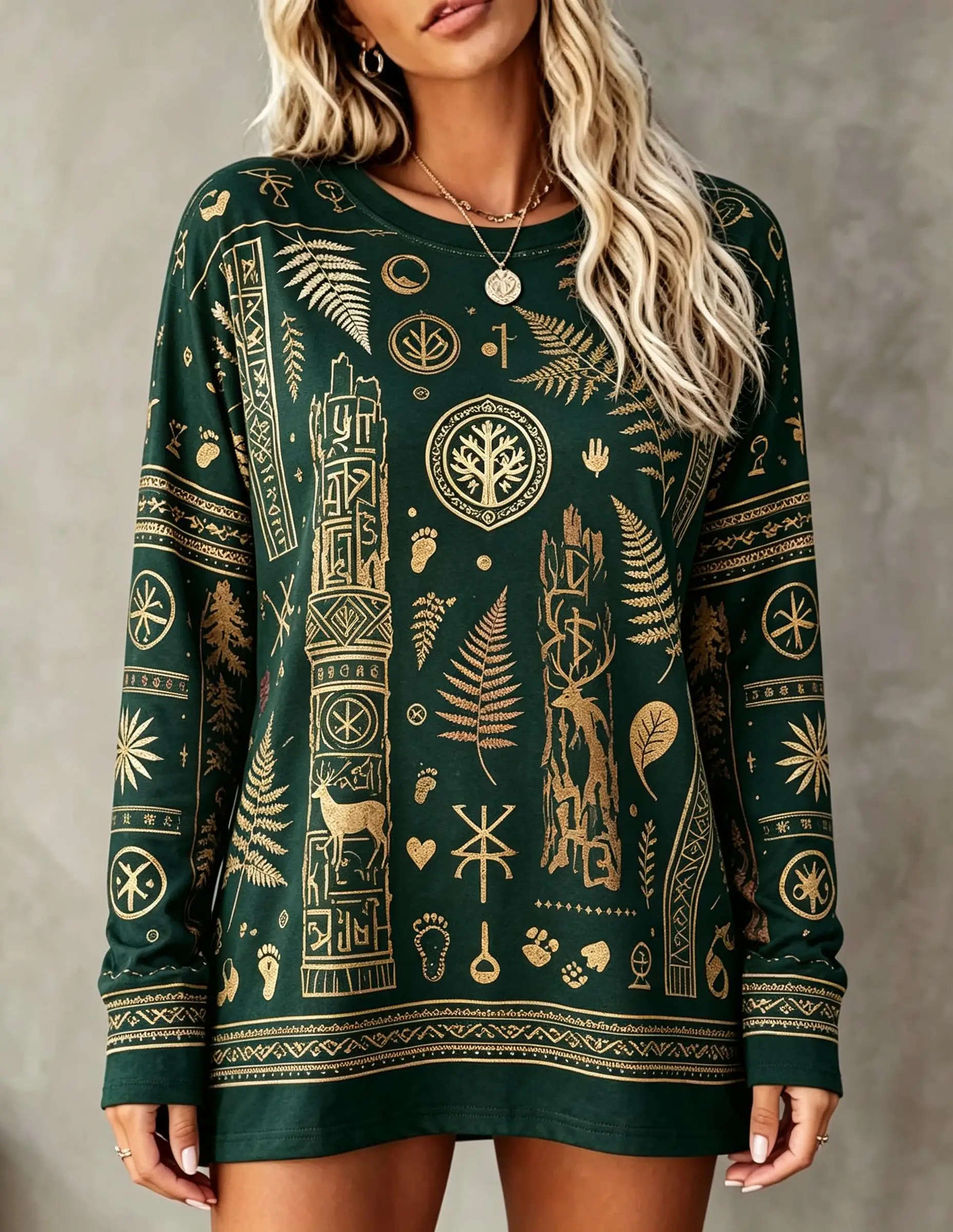 Women Long Sleeve T‑Shirt Boho Forest Tree Of Life Mushroom Fern Mystical Print Crew Neck Tunic Tops