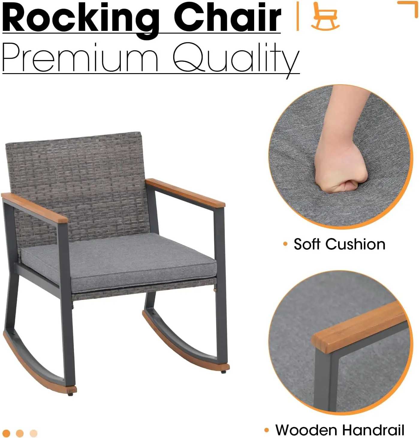 Outdoor Rocking Bistro Set, cadeiras com mesa de café e almofada, Móveis de vime, Pátio e Quintal, 3 PCs