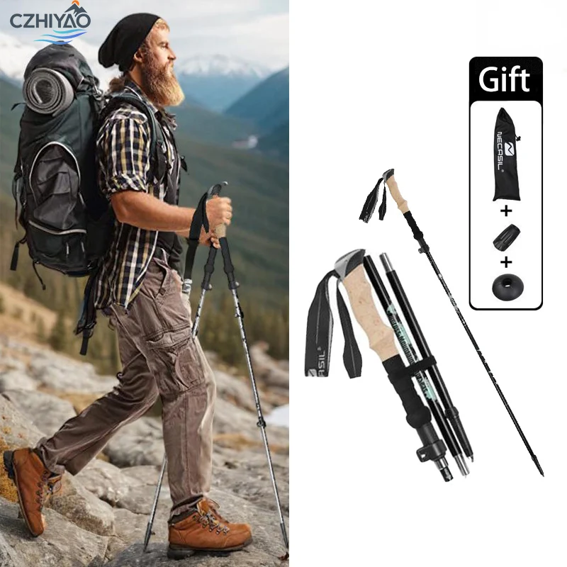 

CZHIYAO 1 pc Ultralight Aluminum Hiking Poles-Adjustable Cork Grip Trekking Sticks Foldable Men Women Backpacking Mountaineering