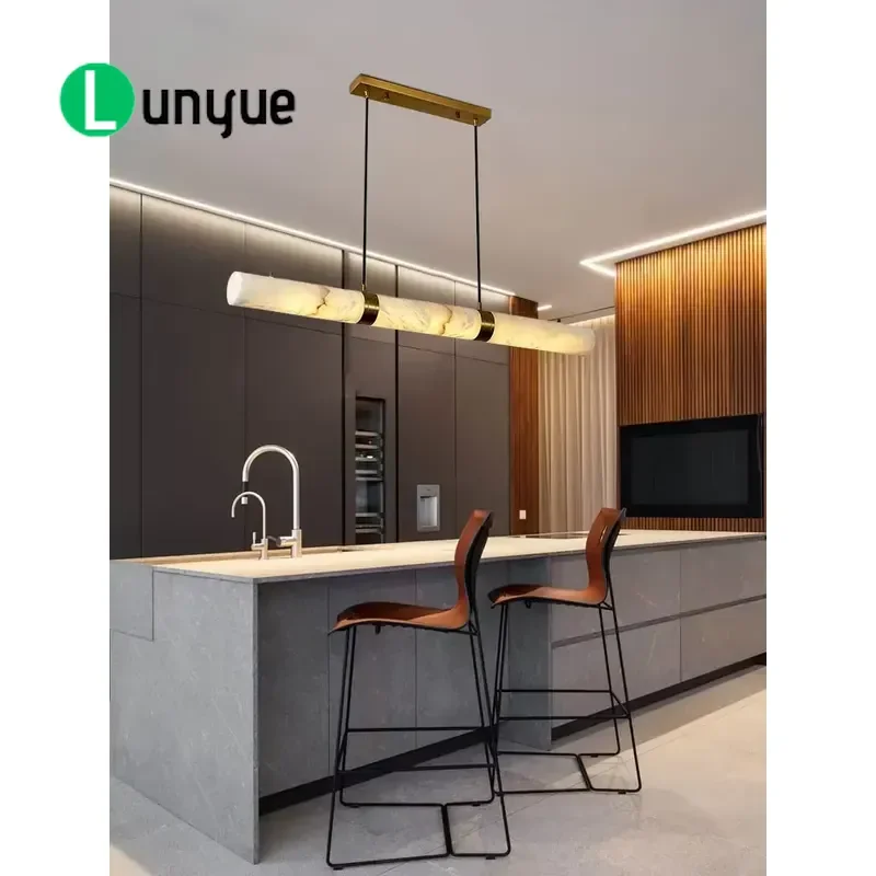 Solid Copper Linear Chandelier Italian Snowflake Marble Luxury Style Lighting Fixture for Restaurant Dining Table Bar Decor