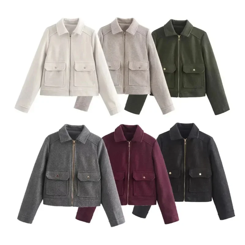 

Woolen Jacket Top Women Made In Europe America With Old Pockets Zippered Square Collar Lapel College Loose Couple Jacket Top New