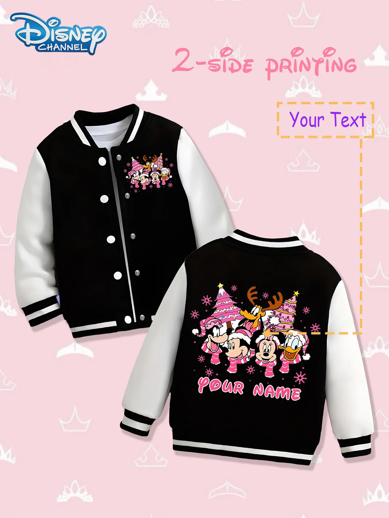 

MINISO Disney Christmas Pals Kids Baseball Jacket - The front and back are decorated with Christmas-themed Disney characters, ex