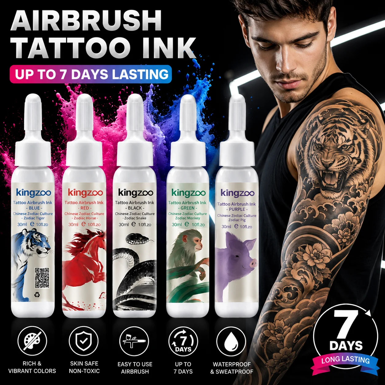 Ginzo 12 Zodiac Semi Permanent Tattoo Ink 30ml, Organic Plant Pigment Waterproof Sweatproof Long Lasting Body Art Ink