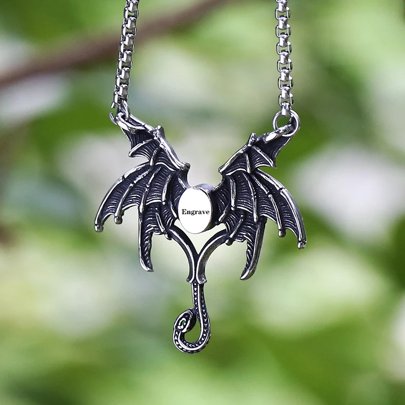 Vintage 316L Stainless Steel Angel Evil Wing Pendant Necklace With Green Stone For Man Women Retro Choker Jewelry Couple Gift