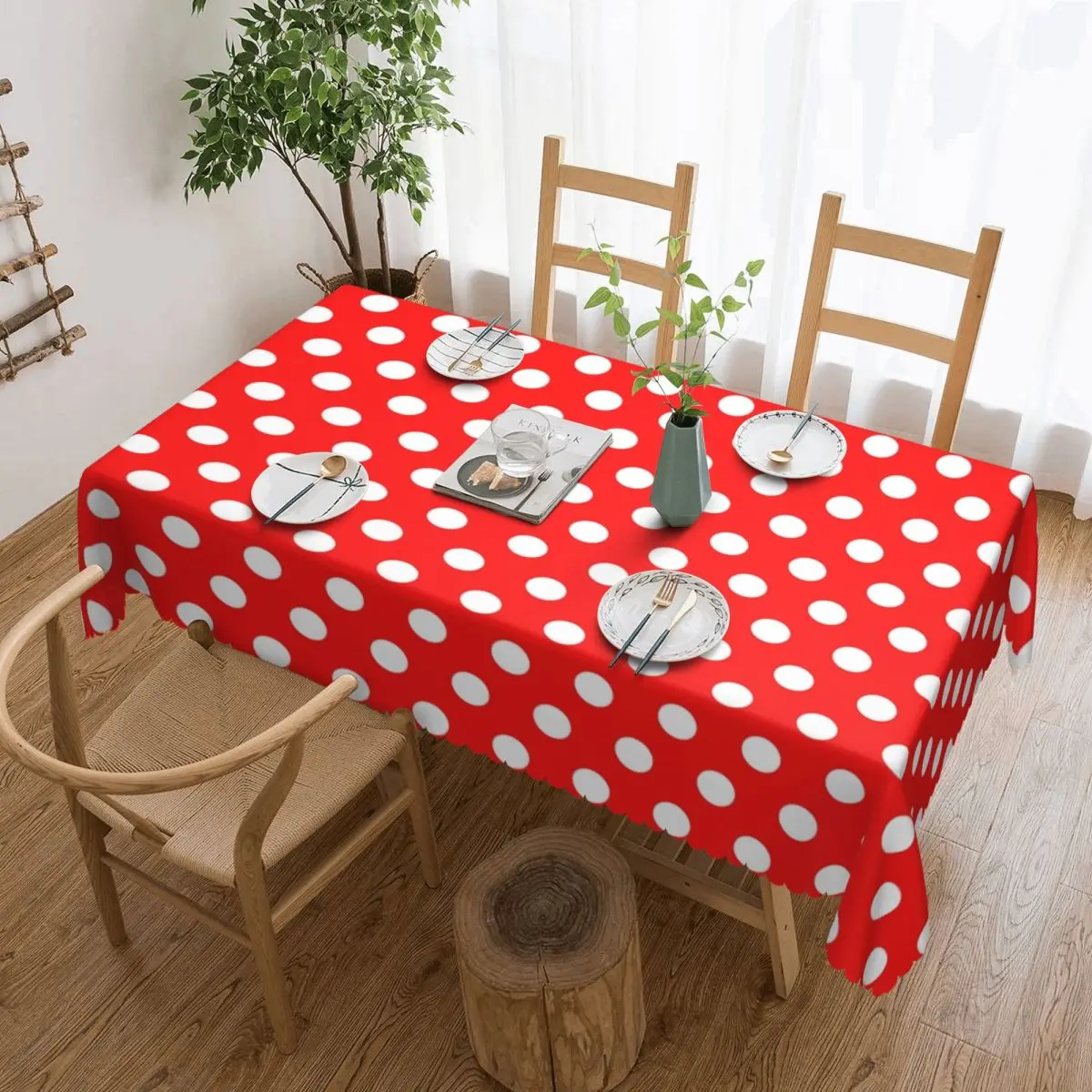 Custom Classic Red And White Polka Dots Tablecloth Rectangular Waterproof Table Cover Cloth for Kitchen