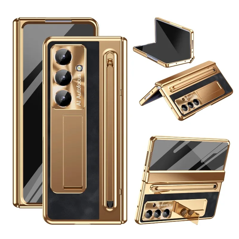 

High Quality Electroplated Matte Leather Hinge Phone Case For Samsung Galaxy Z Fold7 6 5 4 3 Touch Pen and Bracket Protect Cover