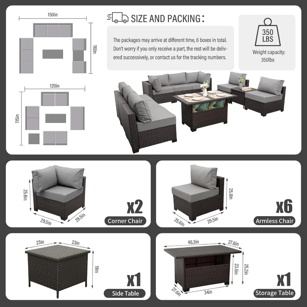 Outdoor Patio Furniture Set Dark Brown Rattan 10 Piece Sectional Sofa PE Wicker Conversation Couch Sets with Storage Table