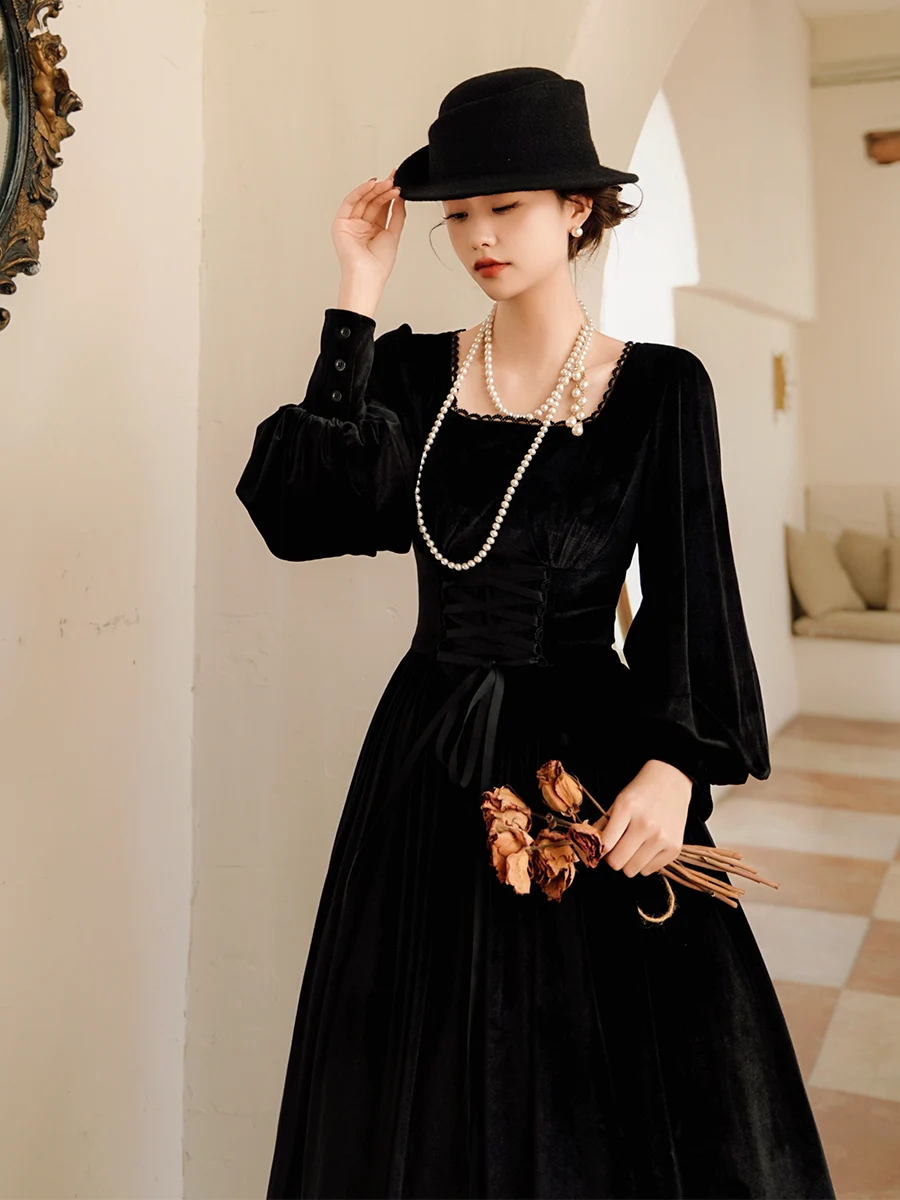 

Original Audrey Velvet Big Skirt Dr Belted Waist Tie Lantern Sve Autumn Faion Women's Dr Soft Polyester Elastic Fiber