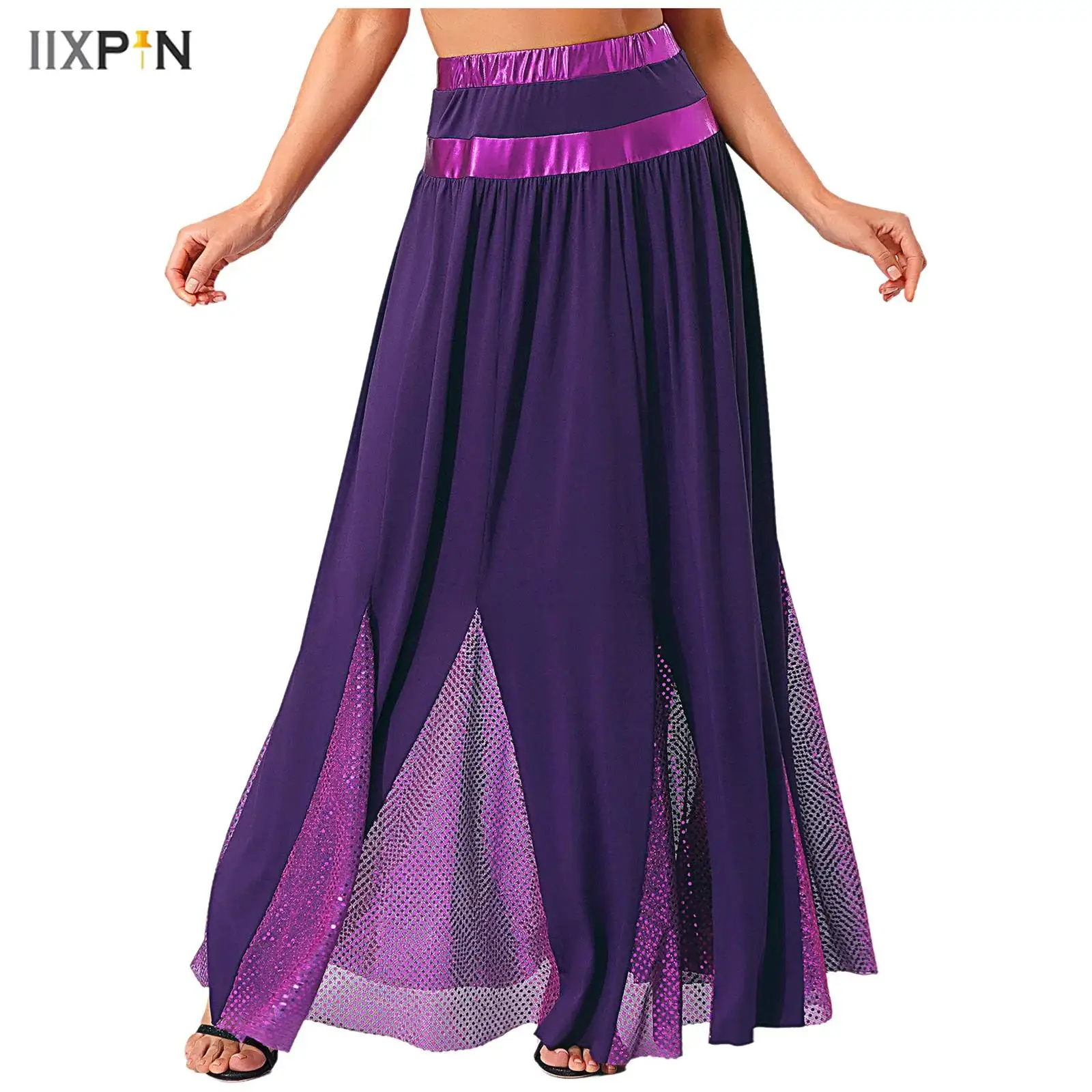 

Women Lyrical Modern Dance Skirt Color Block Elastic Waistband Sparkly Circle Mesh Patchwork Skirts Ballroom Dancing Clothes