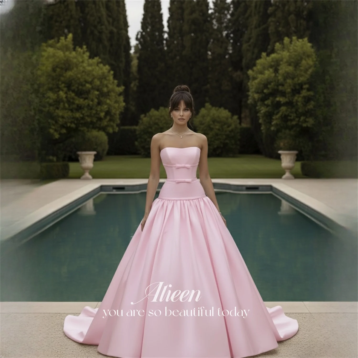 

Aileen Satin Strapless Pink Ball Gown Evening Dress 2026 Sleeveless Floor-Length Prom Dress Prom Customized Formal Gowns