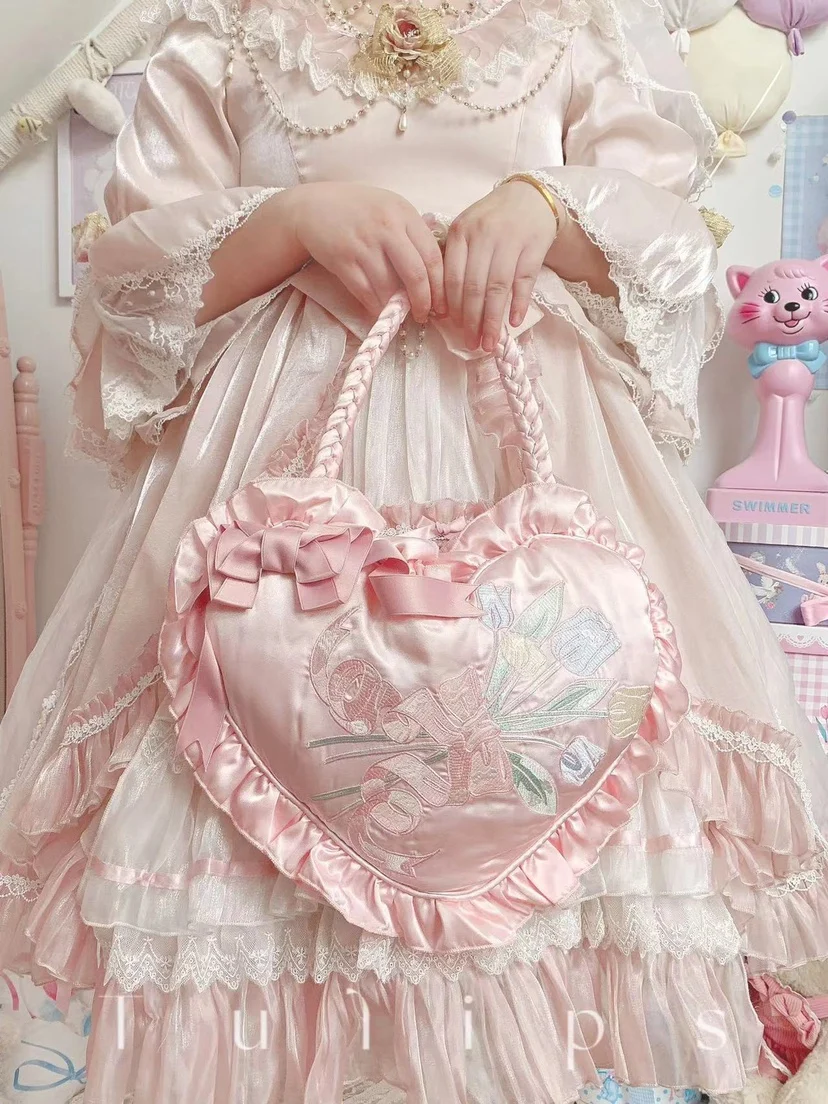 Japanische Lolita Rosa Liebe Handtasche Weibliche Nette Süße Mädchen Bogen Stickerei Schulter Tasche Student Geburtstag Geschenk Tote Handtaschen