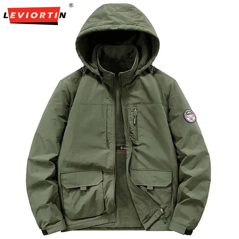 

Men's Fleece-Lined Work Jacket Autumn Winter Windproof Thickened Casual Outwear Coat with Hood Outdoor Sport Cotton Parka Coats