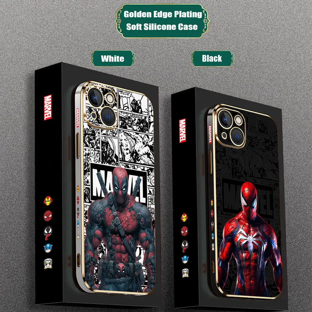 

Comci Marvel Deadpool Spider Man Funda For iPhone 15 14 Pro Max 13 12 Mini 11 7 8 Pro XSMax X XR Phone Case Luxury Plating Cover