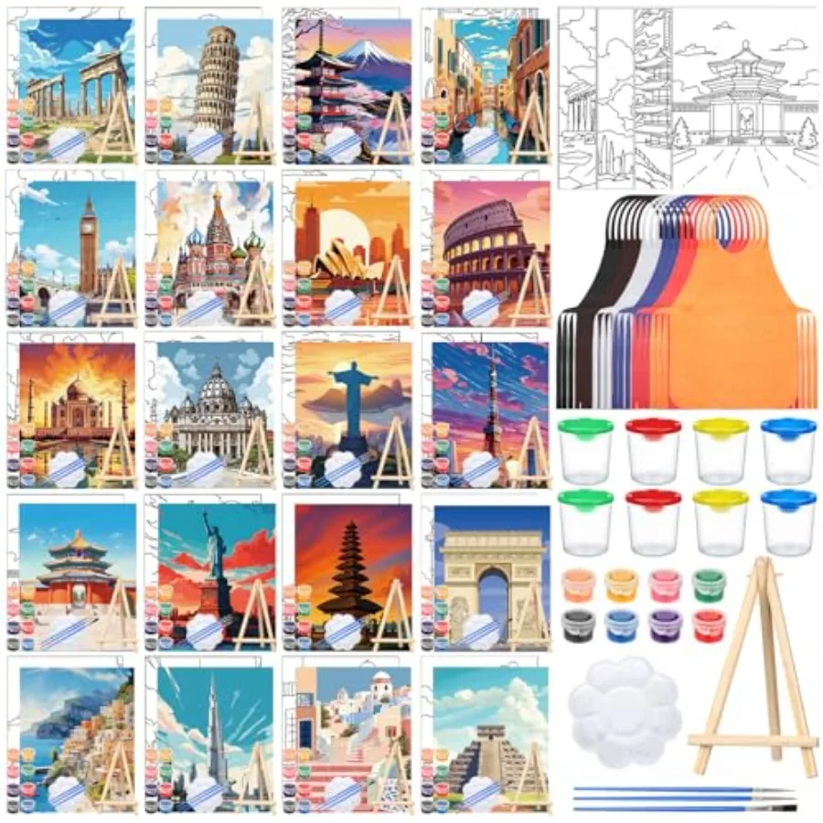

140 Pcs 20 Set Pre Drawn Canvas Kit for Painting Craft Sip and Paint Kit for Adults Pre Printed Canvas Painting Favor for Virtu