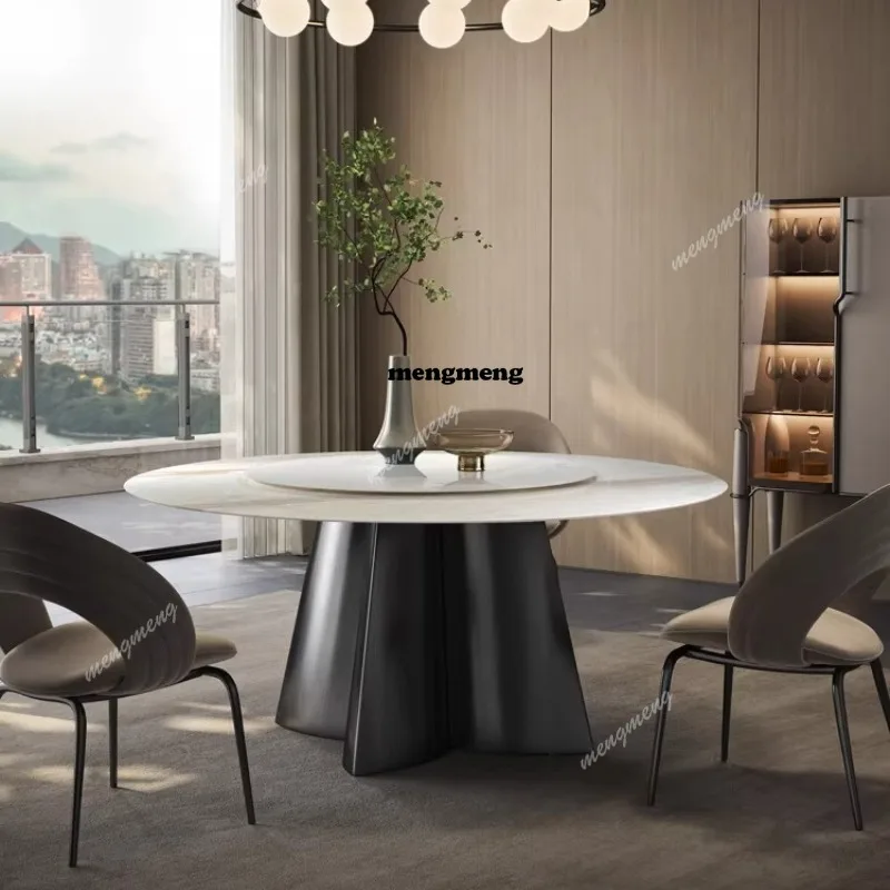 

Natural marble round dining table and chair combination luxury stone home dining room with turntable dining table