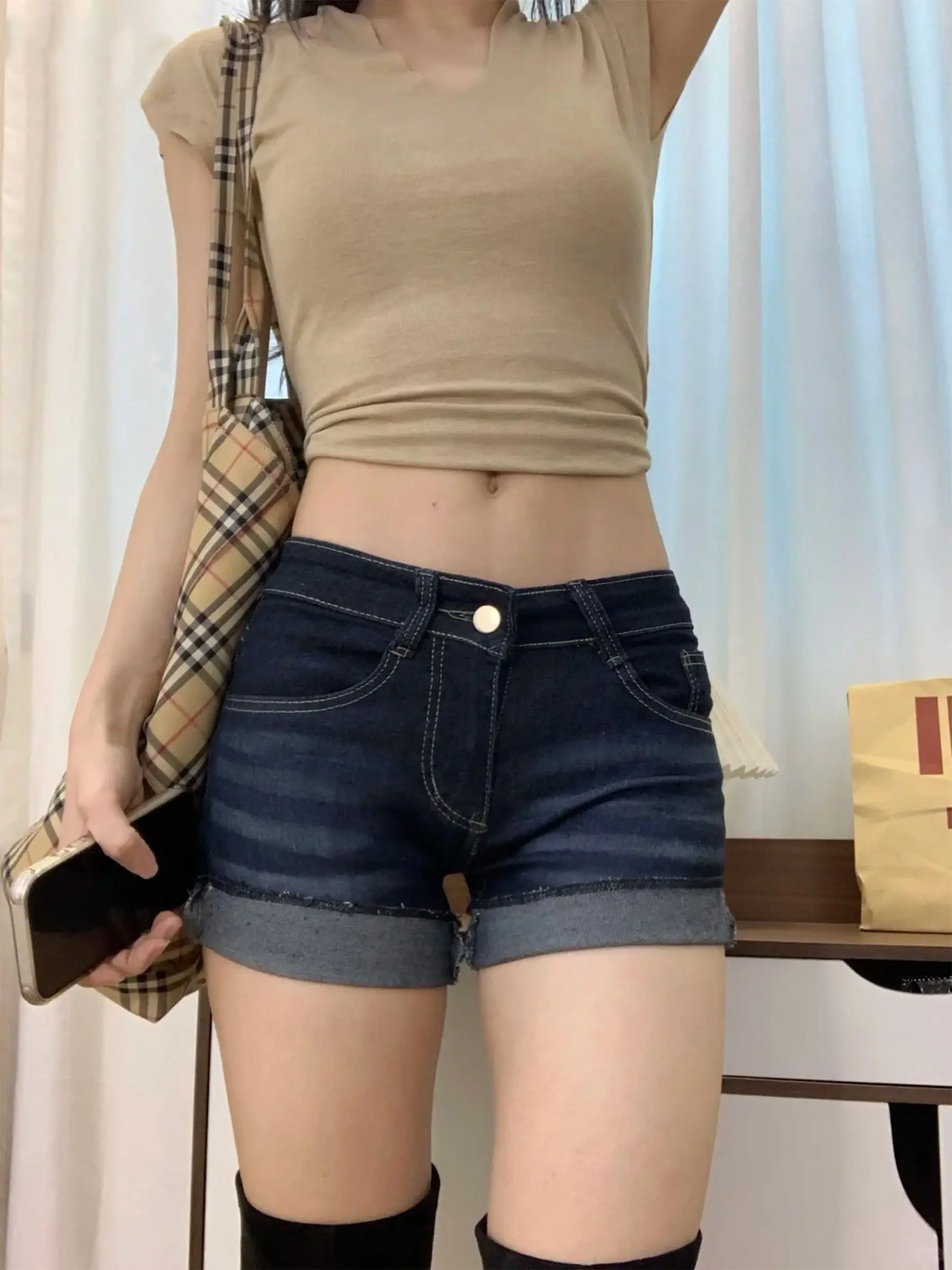 

plus Size Women's Retro American Denim Shorts Slimming High Waist Cotton Stretch Zipper Closure Summer Wearable Underwear