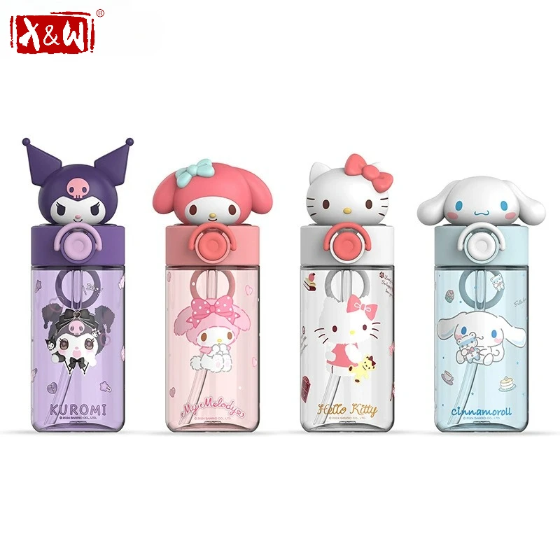 X&W 500ML Sanrio Hello Kitty Wasserbecher Tritan Kid Trinkbecher Elastischer Deckel Kawaii Kuromi Cinnamoroll Melody Wasserflaschen Geschenk