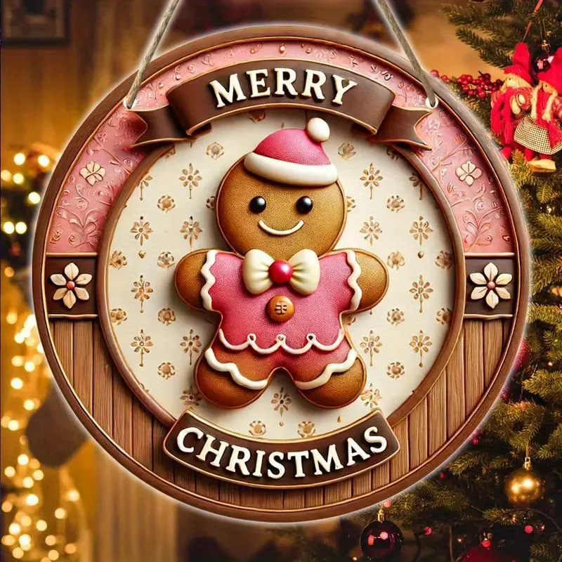 1pc, 2D Wooden Merry Christmas Pink Gingerbread Man7.9Inch/20cm Round Hanging Sign Wall or Door Decor Wall Art Outdoor Courtyard