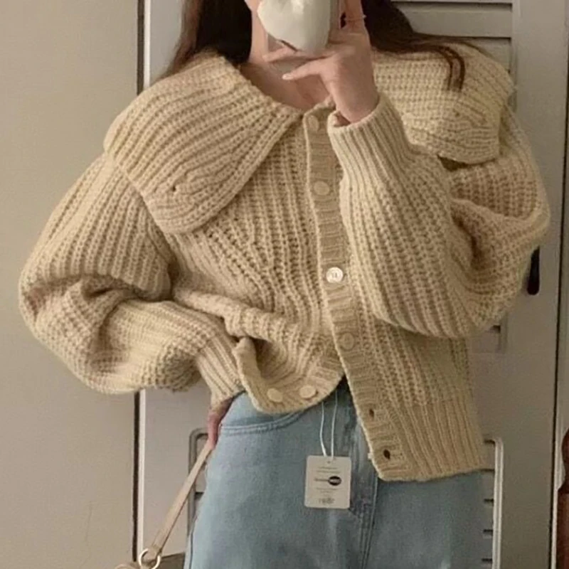 HELIAR Women Knit Single-breasted Cardigan Sweater Turn-down Collar Soft Sweater Coat Solid Long Sleeve Warm Sweater Fall Winter