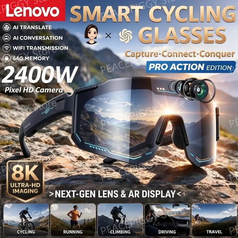 AliExpress Lenovo AI Smart Glasses ChatGPT 8K Camera 2400W Anti-shake Cycling Video&Photo Sport Sunglasses Dual Mic 64GB Windproof Goggles