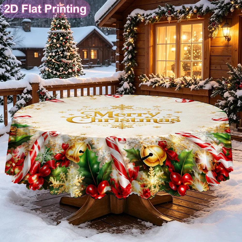 2D flat single-piece round tablecloth, Merry Christmas wreath decoration pattern, the perfect Christmas gift