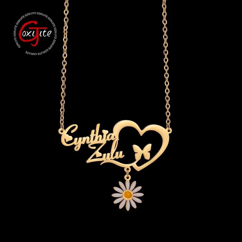 

Goxijite Personalized Name Color Daisy Necklace For Women Stainless Steel Custom Love Butterfly Nameplate Necklaces Party Gift