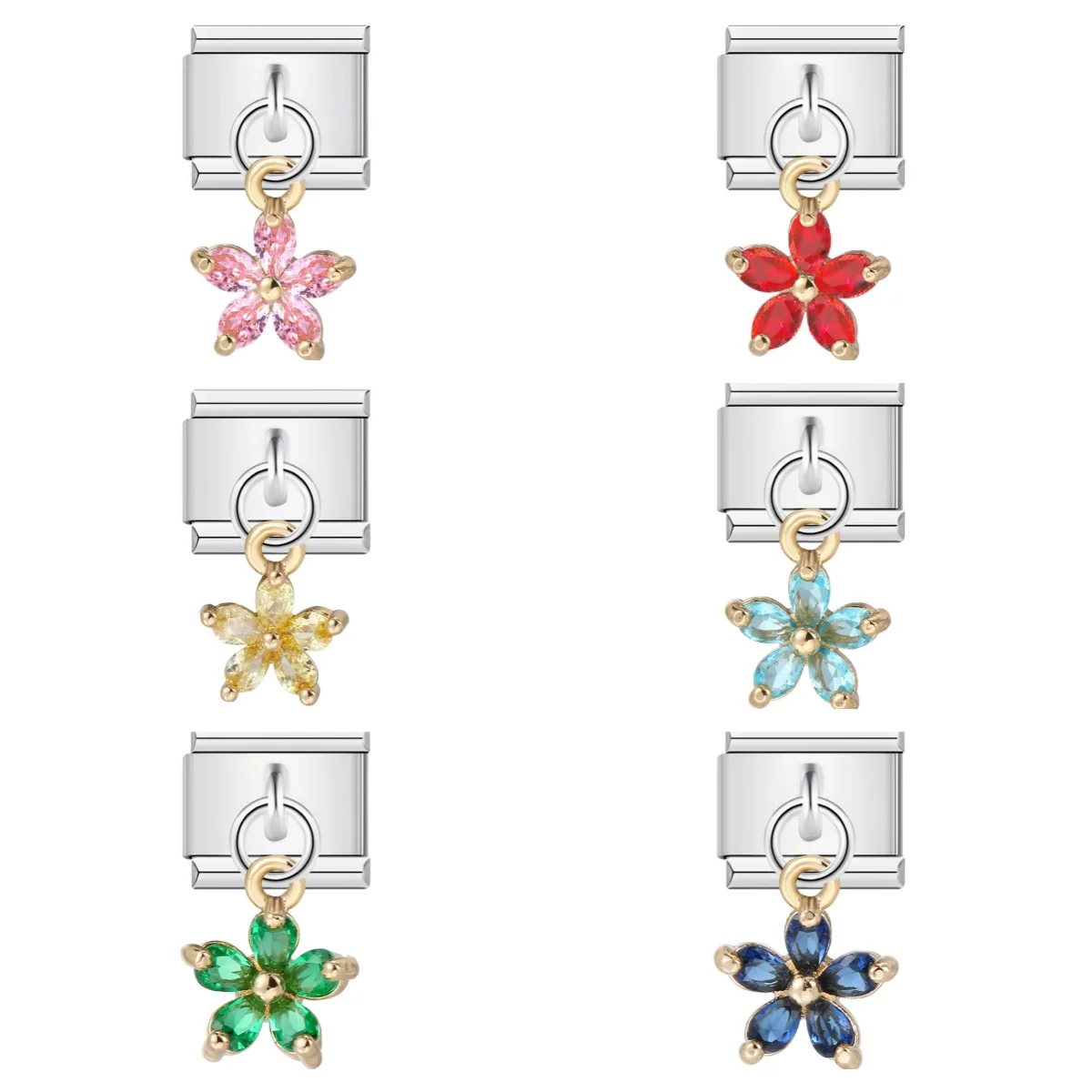 Fashion Cute Colorful Pendant with 5 Petal Flowers DIY Italian Charm Bracelet Single Section Elastic Stainless Steel 9mm Bangle