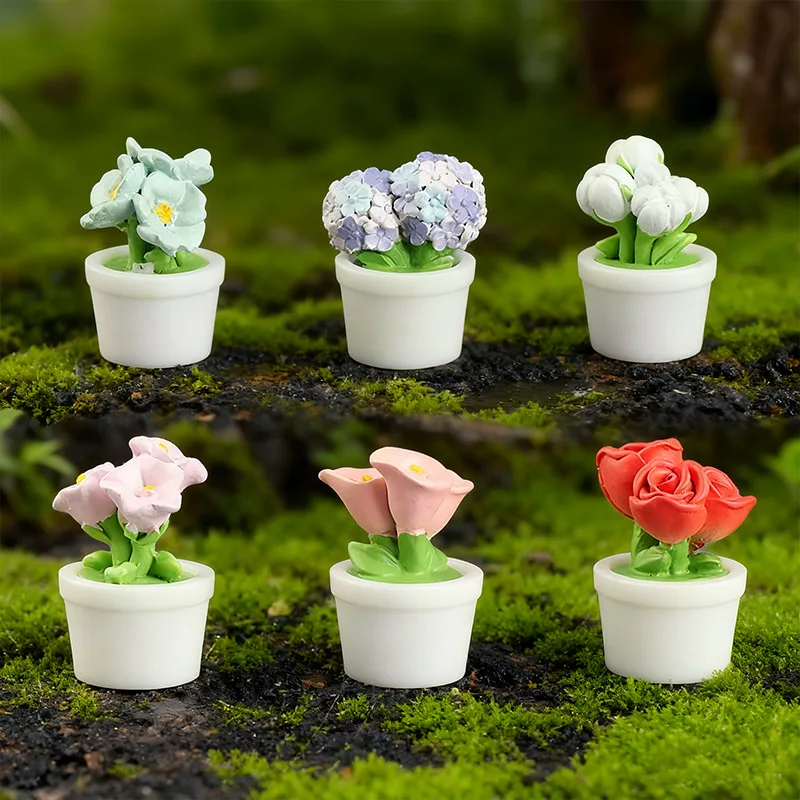 5pcs Resin Miniature Realistic Rose and Tulip Flower Potted Plant as a Small Tabletop Decoration Item Doll House Ornaments