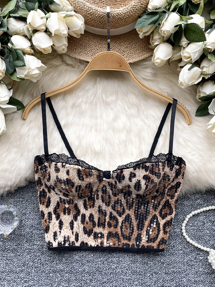 

Women's Leopard Sequins Crop Top 90s Vintage Y2k Camisole Off Shoulder Corset Top Sleeveless Vest Tank Top 2000s Clothes Summer