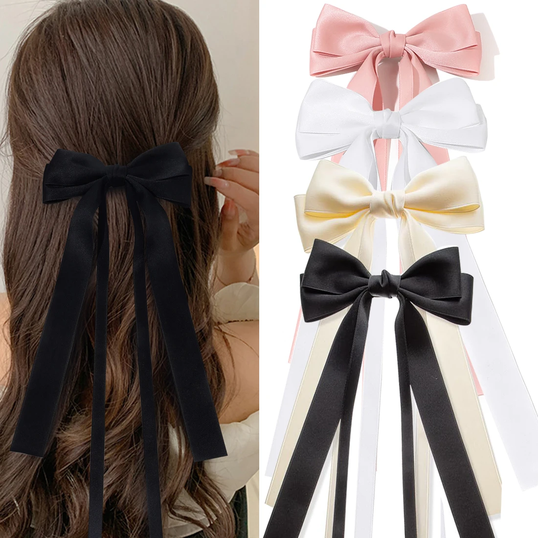 Solid Double Bowknots Hair Clips Women Long Ribbon Bow for Girls Tassel Hair Clips Barrettes Kawaii Pins Kids Hair Accessories