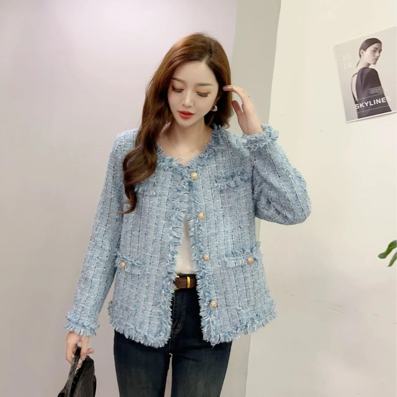 Women Elegant Long Sleeve Open Front Round Neck Fringed Plaid Tweed Jacket Korean Style Fashion Streetwear Mori Girl Coat