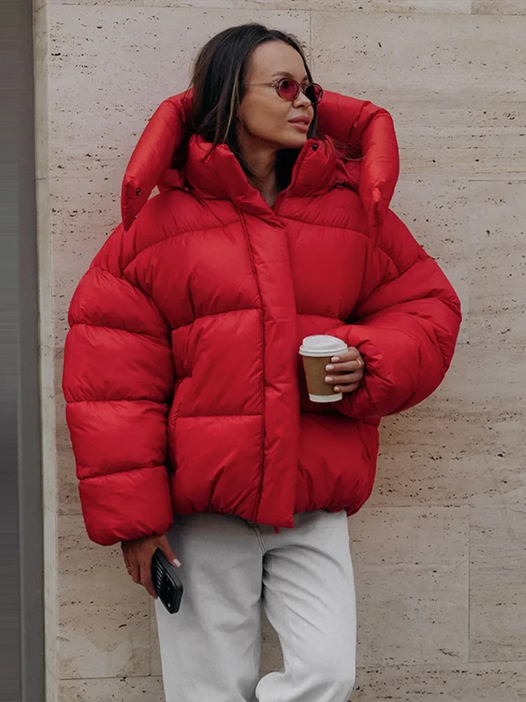 Damen-Wintermäntel mit Kapuze, Stehkragen, Taschen, gefütterte Jacken, Herbst-Damen-Laternenjacke mit langen Ärmeln, einfarbiger, voluminöser Mantel, neue Oberbekleidung. – Detail 12