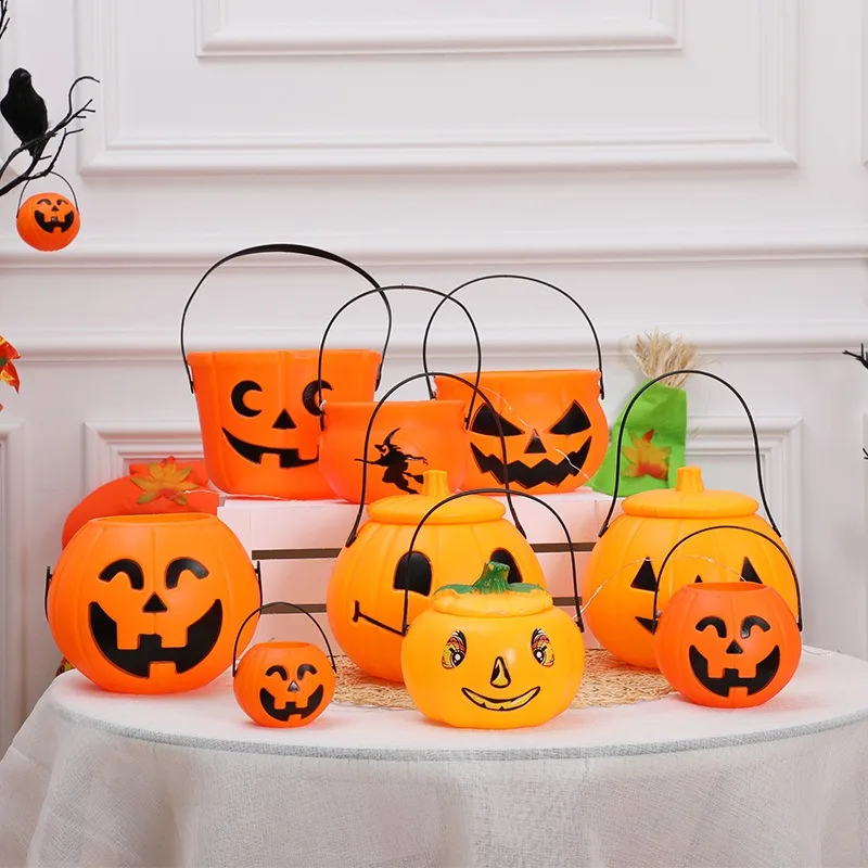 

Halloween Pumpkin Toy Jar Ghost Festival Prank Toy Bucket 7-17cm Bent Eyes Smile Triangle Eyes Candy Bag for Children