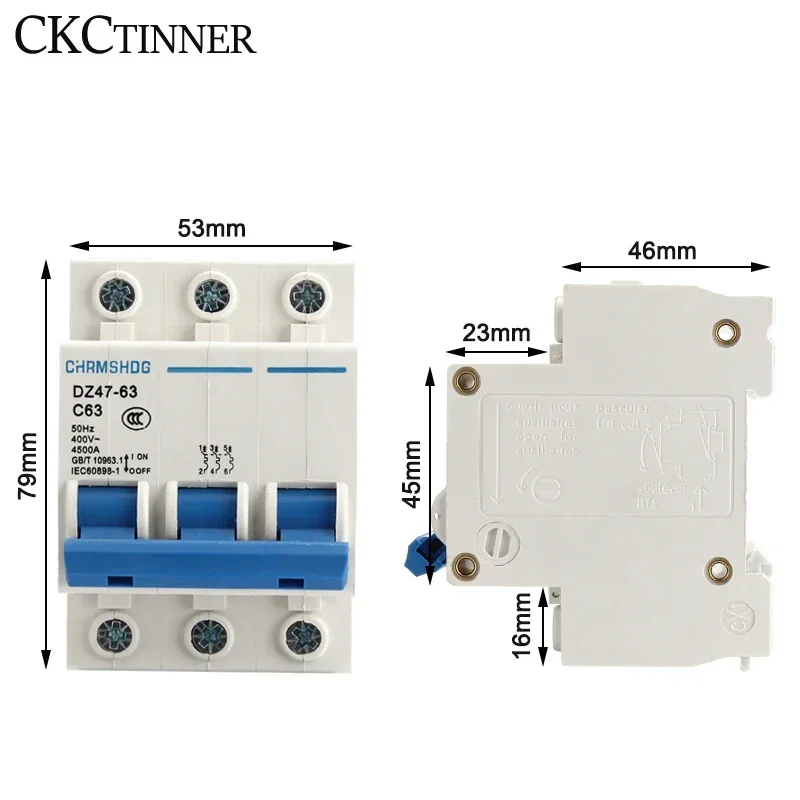 DZ47-63 3 Pole 6A/10A/16A/20A/25A/32A/40A/50A/63A 400V C Type  Circuit Breaker MCB 35mm Din Rail Mount Breaking Capacity 4500A