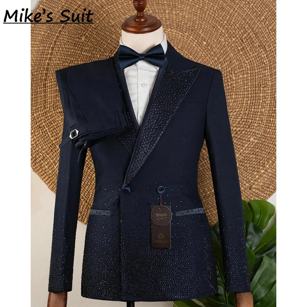 Dark Navy Shiny Gem Groom Suits 3D Tailored Man Suit Wedding & Business Set 2 Pieces Jacket And Pants