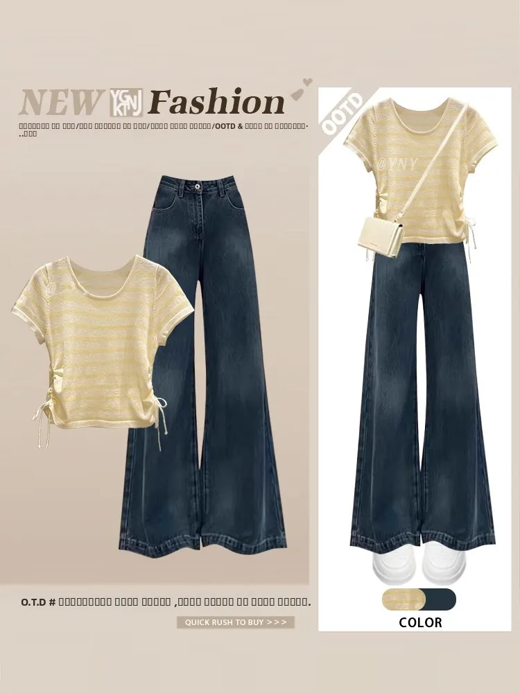 

Новый летний повседневный джинсовый комплект с широкими штанинами и высокой талией, женский комплект, мягкий бриз, в полоску, T irt, комплект из двух предметов, моющийся