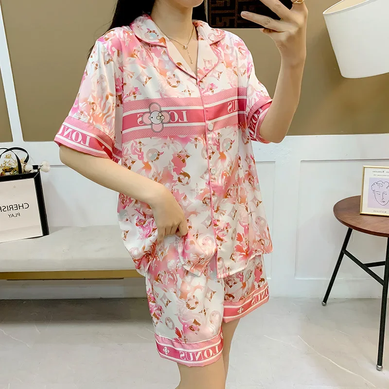 Light Luxury Alphabet Pajamas Women\'s Summer Short-sleeved Ice Silk High-end Comfortable Loungewear Set Pink Floral Silk Pajama