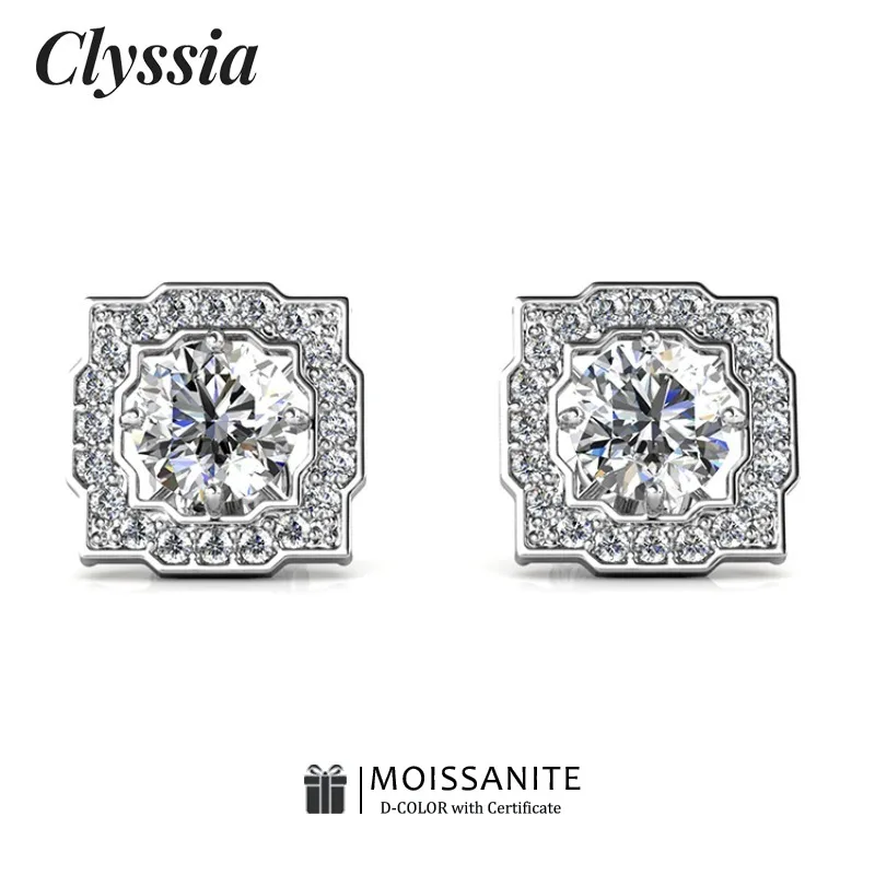 

CLYSSIA D VVS1 Moissanite Stud Earring Geometric 18K White Gold Plated for 925 Sterling Silver Round Cut Luxury Earrings