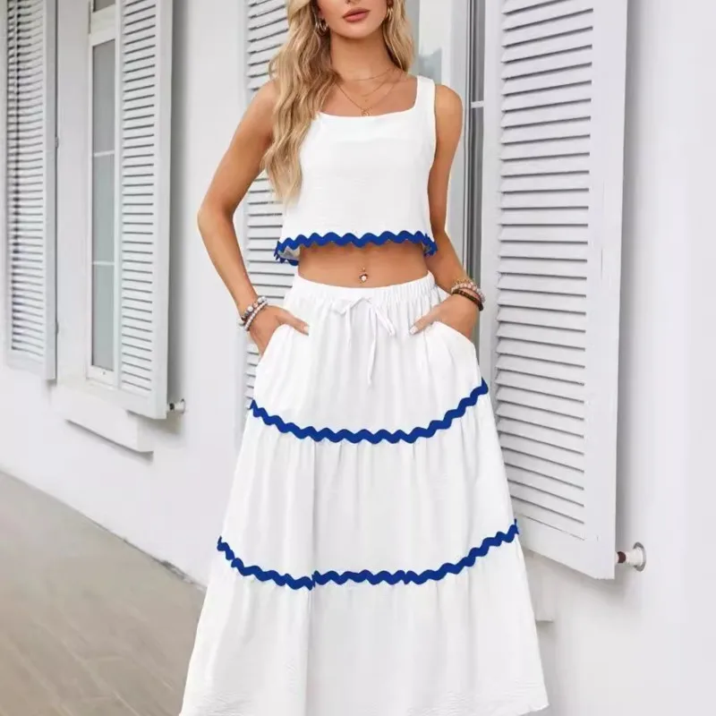 

Women's Fashion Stripe Design Lace Collar Sleeveless Short Tank Top High Waist Long Dress Set