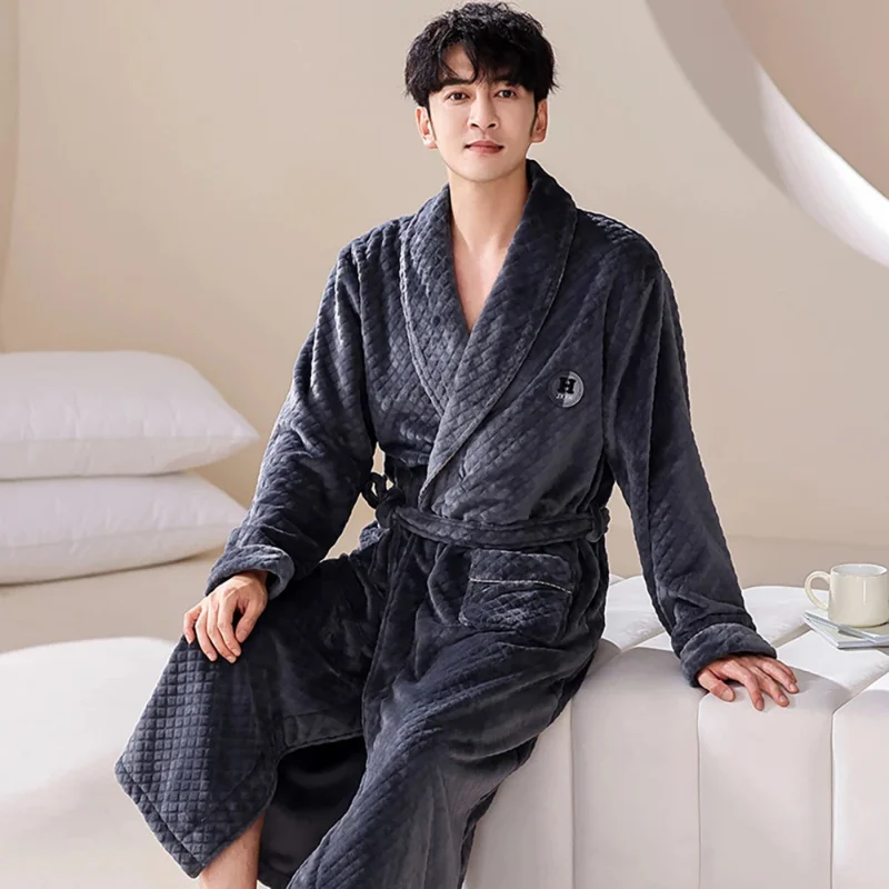 Winter Thicken Flannel Bathrobe Men Coral Fleece Warm Plush Robe Casual Solid Plaid Shower Robe Smooth Comfortable Dressing Gown