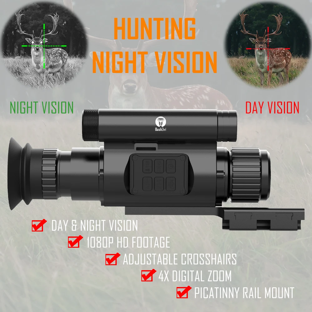 

BushOwl-NV9 Thermal Scope, Night Vision Monocular, Rifle Hunting Sight Video Camera, Infrared Optics Goggles, Built-in IR & OLED