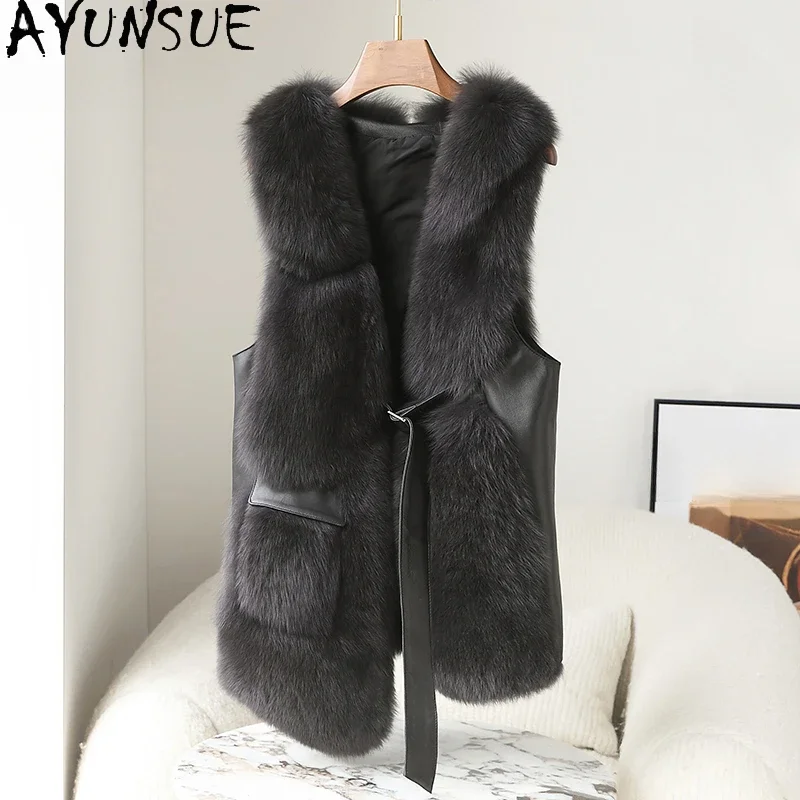 AYUNSUE Real Fox Fur Coat Women Luxury Winter 2023 Sleeveless Natural Fox Fur Jacket Korean Fashion Irregular Tops Veste Femme