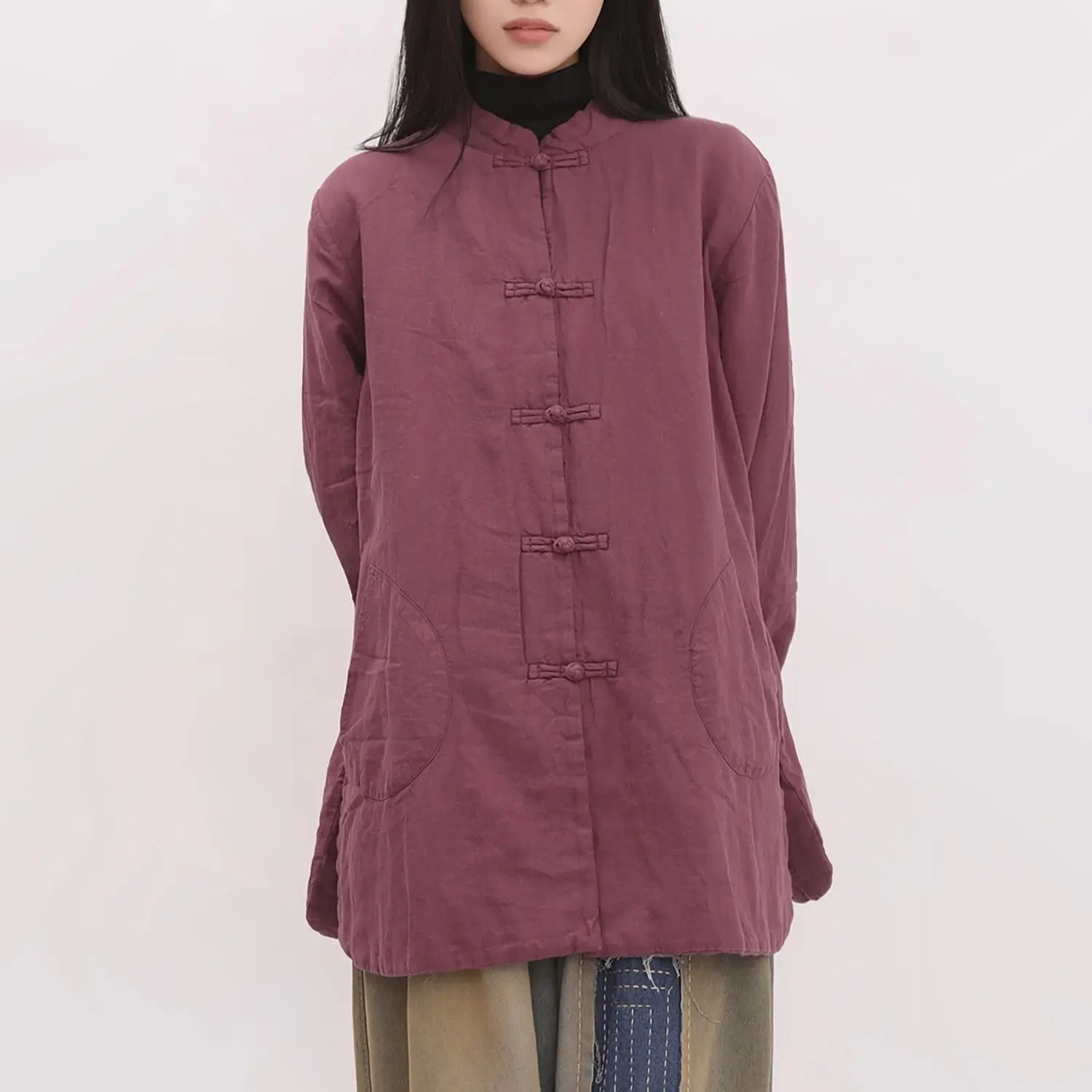 LZJN 여성용 겨울 젠 스타일 빈티지 솜 패딩 코트, 만다린 칼라 버튼형 따뜻한 재킷, 태극권 의류 디자인.