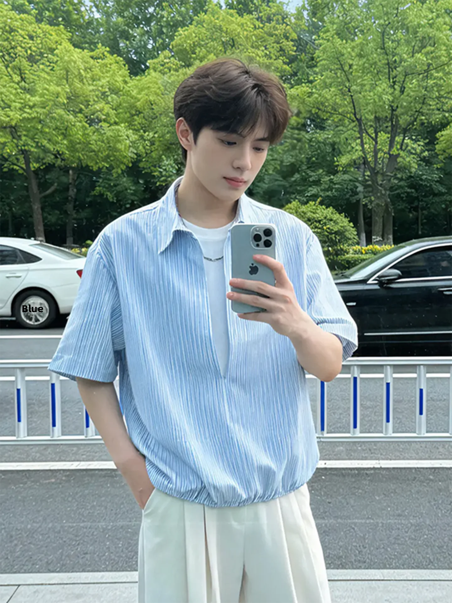 Blue Striped V-Neck Short Sleeve Shirt Men's Summer Cleanfit Premium Feel Loose Fit Fake Two-Piece Shirt Casual American Style
