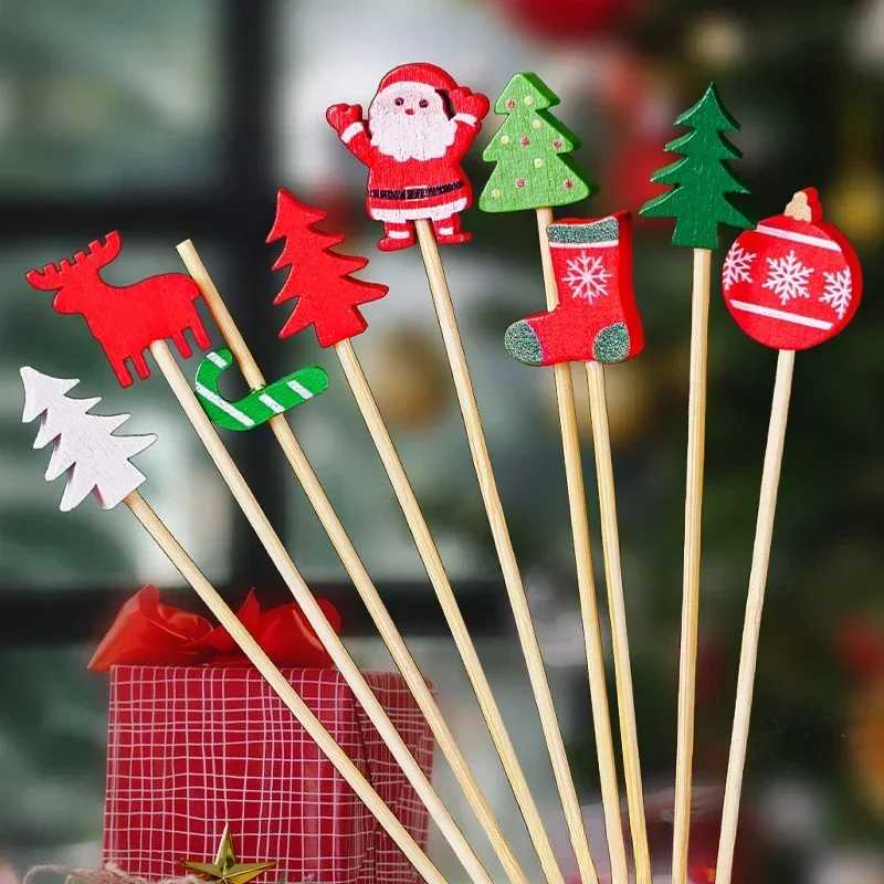 100pcs Christmas Disposable Bamboo Skewers Food Cocktail Picks Buffet Fruit Cupcake Fork Sticks New Year Party Decor Navidad