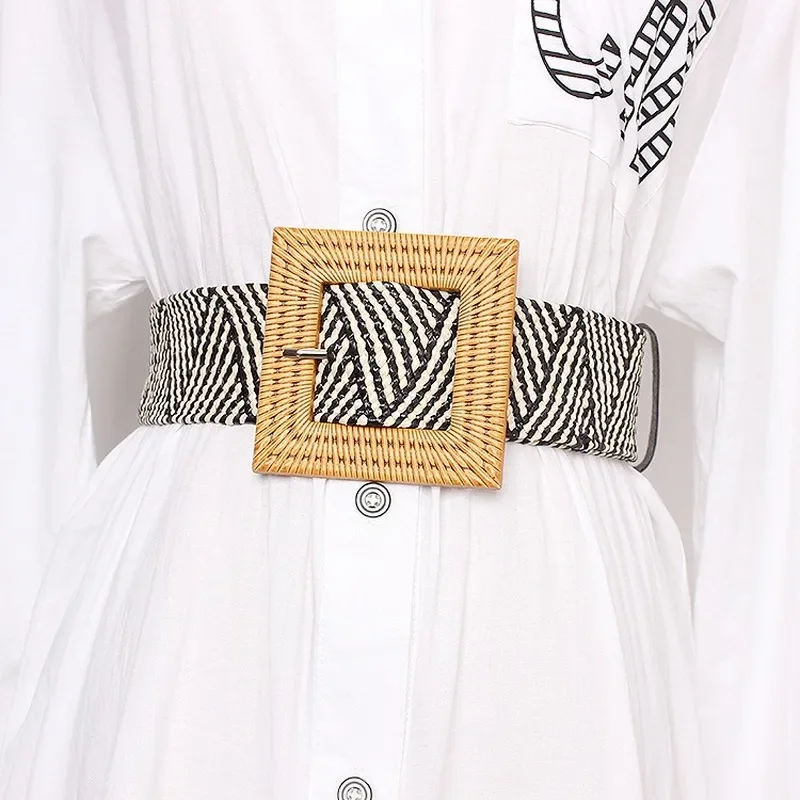 Women\'s Beach Bohemia Elastic Belt Girdle Square Bucklet Braided Summer Dress Women Korean Fashion Strap